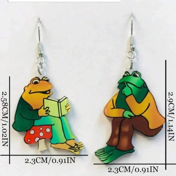 Multicolored reading frog clothed mushroom dangle drop earrings cottagecore - Picture 2 of 2